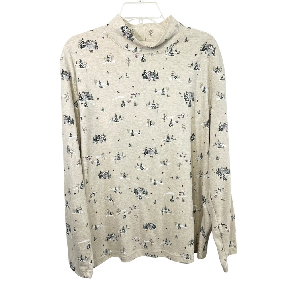 Croft & Barrow Plus Size 3X Top Christmas Ski Vacation Mock Cotton Oatmeal 1815